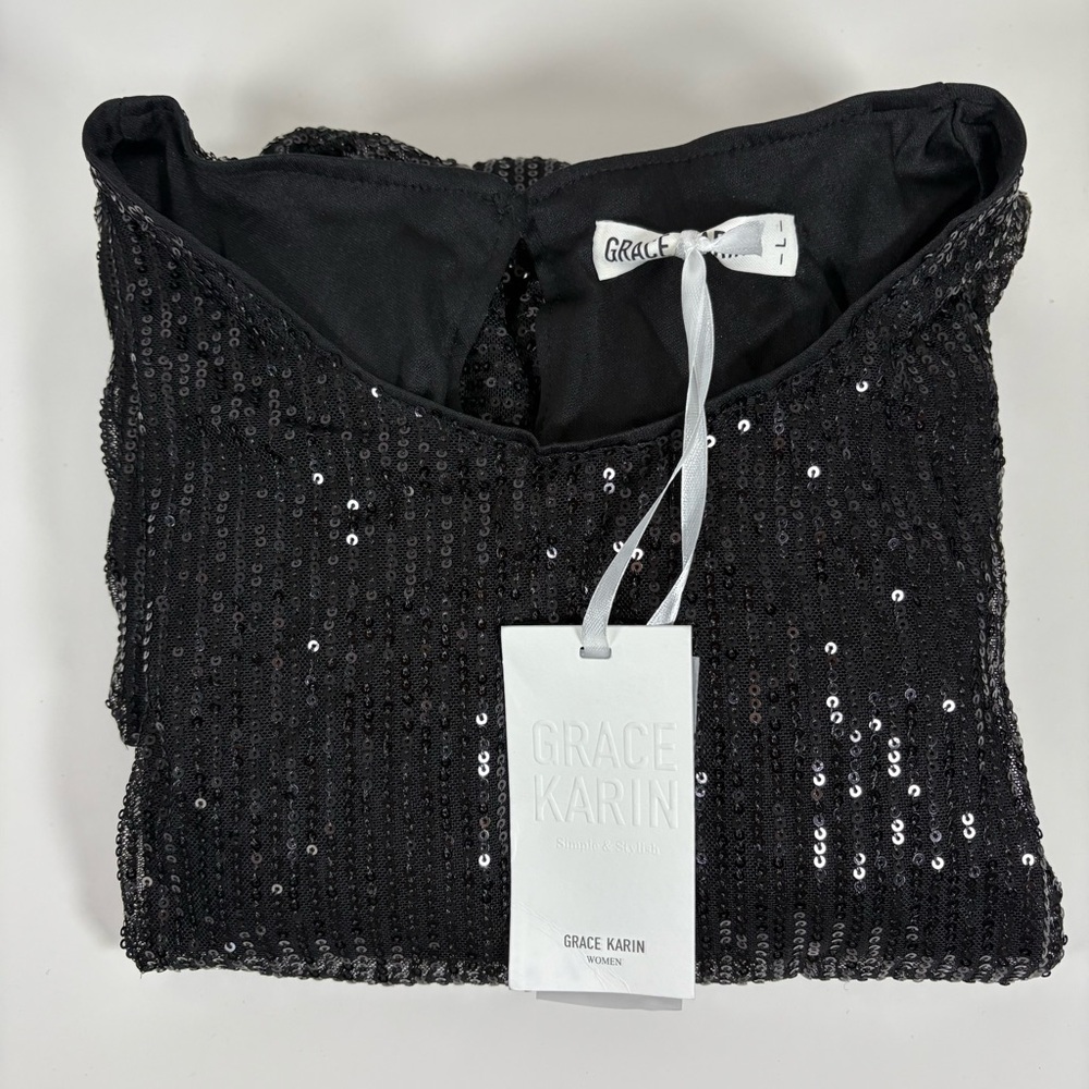 Grace Karin Women’s Black Sparkly Sequin Cap Sleeve Elegant Dress Large (L) NWT - Picture 4 of 5